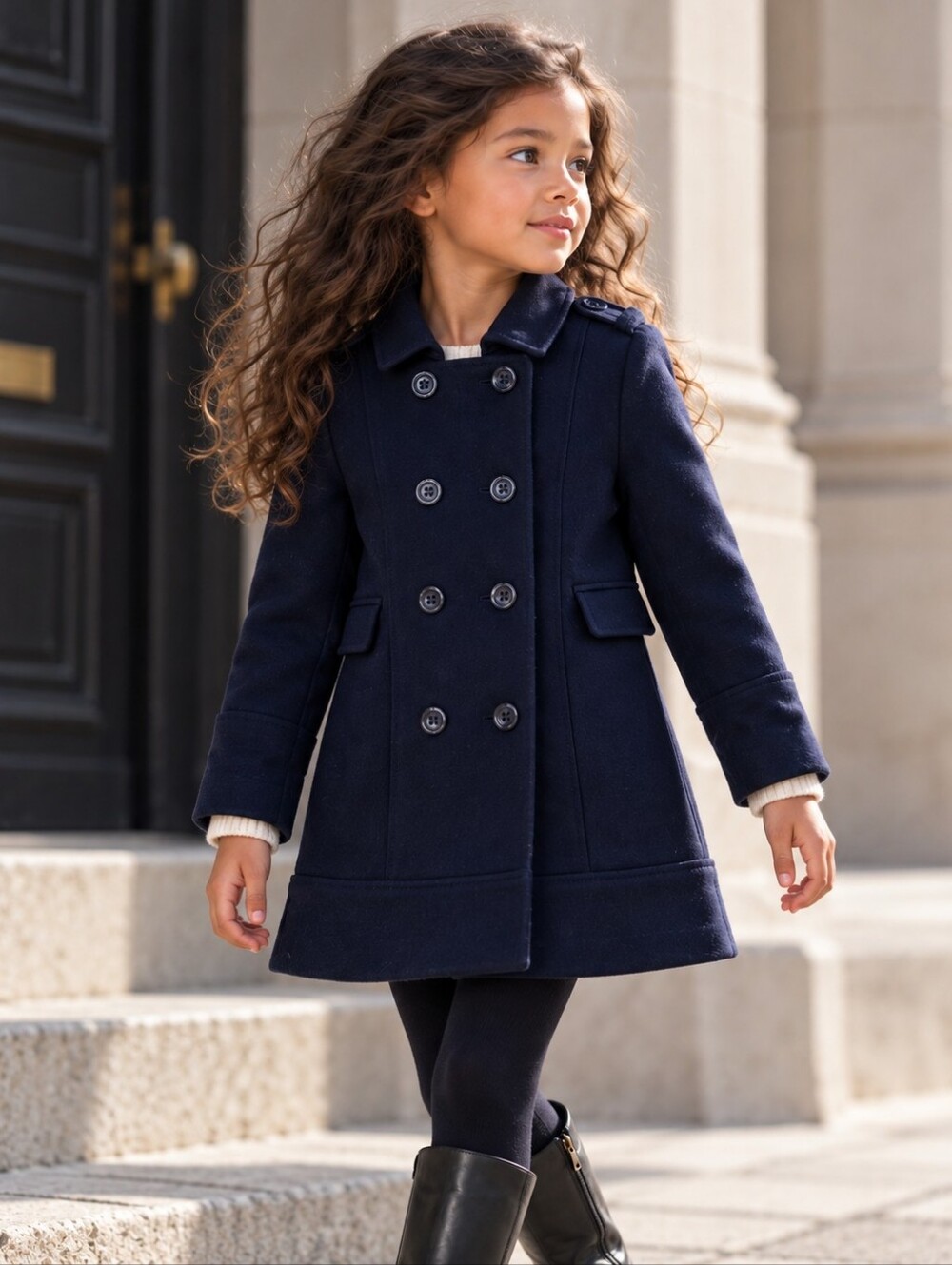 Jacadi Paris Girls Navy Wool Cashmere Double Breasted Coat 6A 116cm Luxury